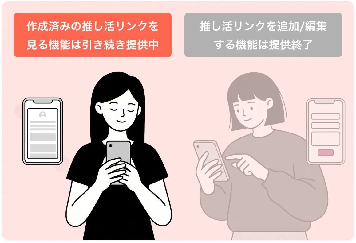 作成済みの推し活リンクを見る機能は引き続き提供中。推し活リンクを追加/編集する機能は提供終了。